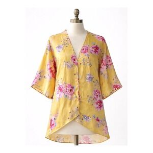 Yellow Floral Satin Kimono Cardigan Rose Print Bridesmaid Bridal